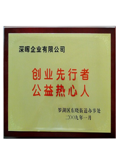 创业先行者公益热心人证书